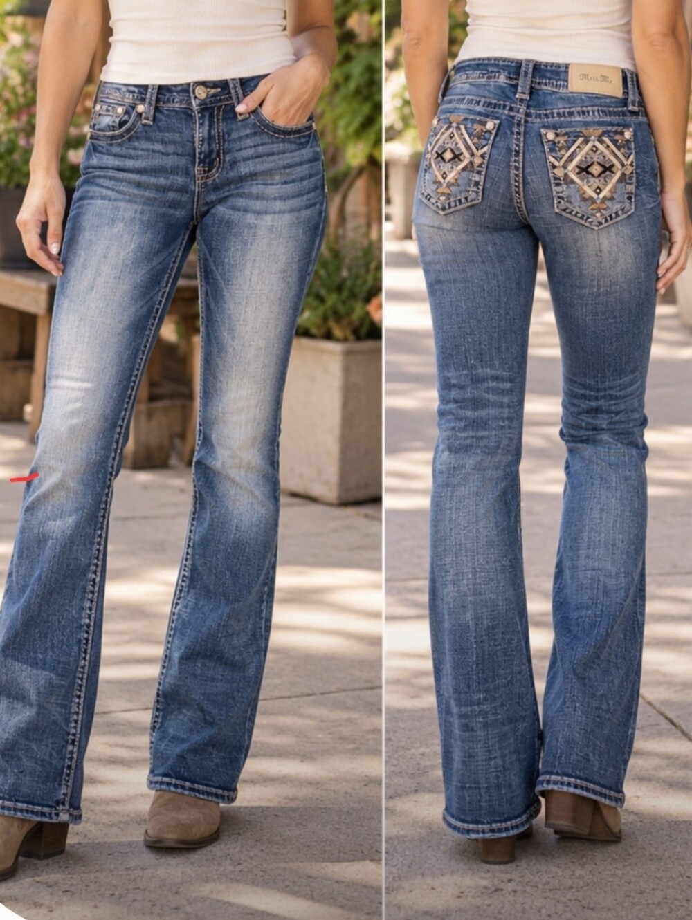 Miss Me Mid-Rise Boot Jeans Size 26 Embellished Aztec Back Pockets 32 Inseam Fit